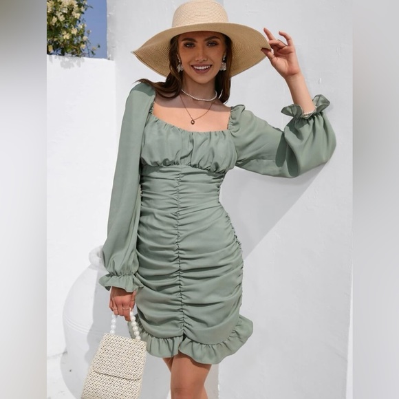 Frenchy Flounce Sleeve Zip Back Ruched Ruffle Hem Dress - Picture 2 of 6